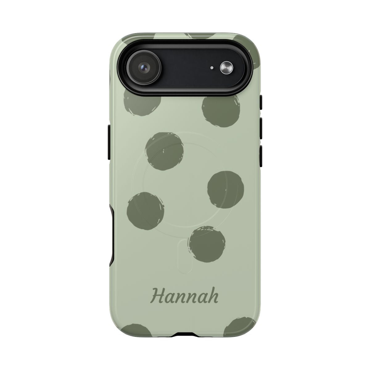 Personalized Sage Green Polka Dot Phone Case – Custom Name Matcha Aesthetic