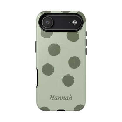 Personalized Sage Green Polka Dot Phone Case – Custom Name Matcha Aesthetic
