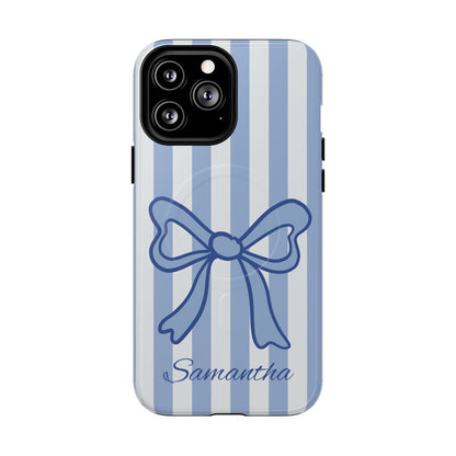 Personalized Coquette Bow Phone Case – Blue Striped Preppy Ribbon Aesthetic