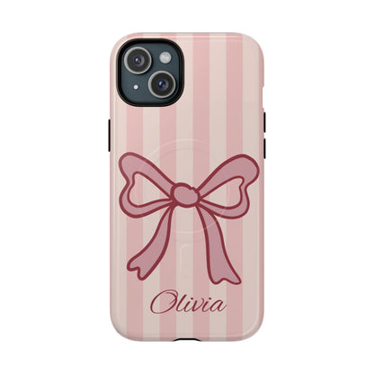 Personalized Pink Bow Phone Case – Soft Pastel Striped Coquette Aesthetic