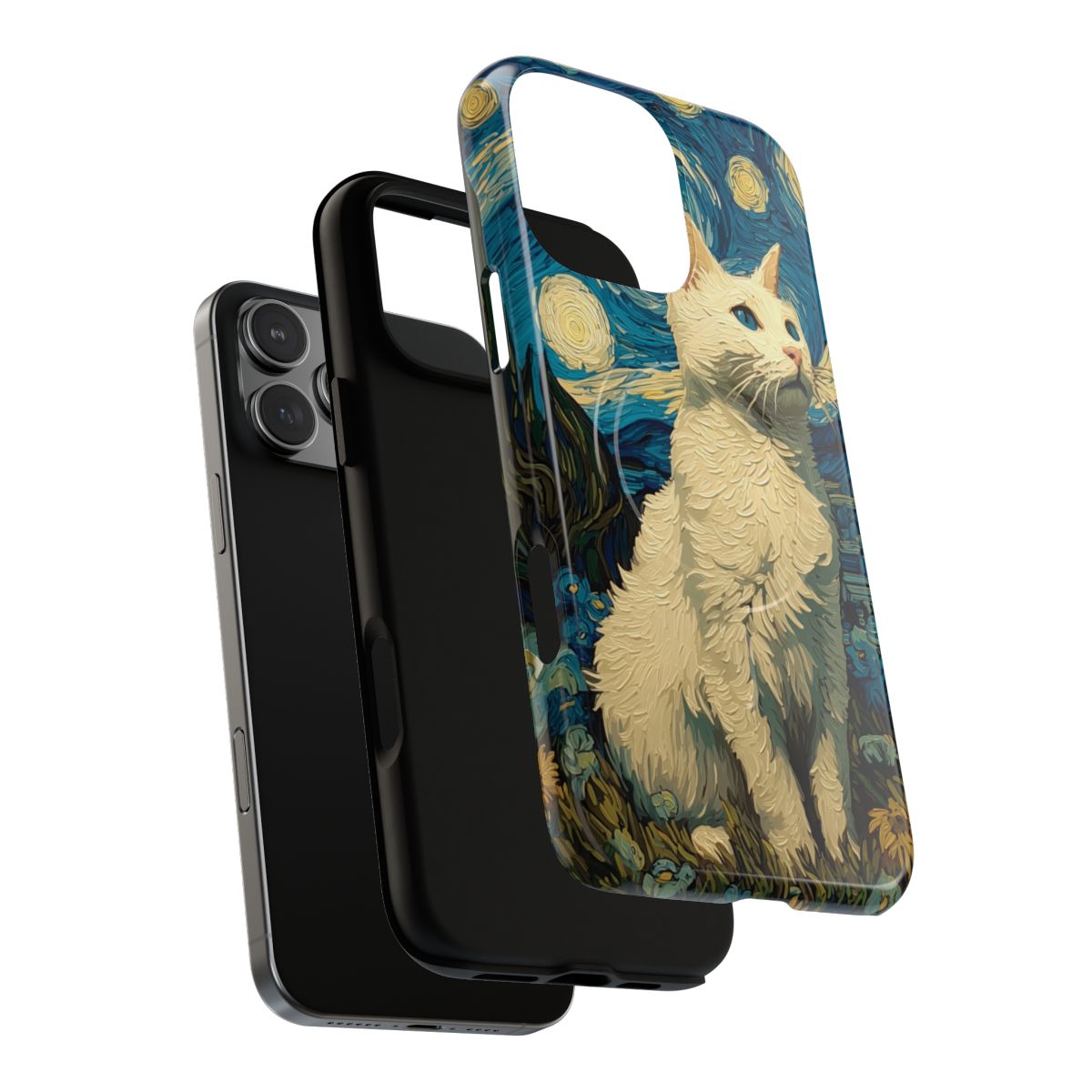 Whimsical celestial phone case with thick paint-stroke textures of a cat in a starry meadow.