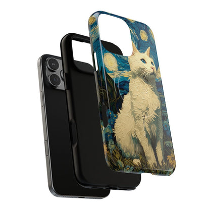 Whimsical celestial phone case with thick paint-stroke textures of a cat in a starry meadow.