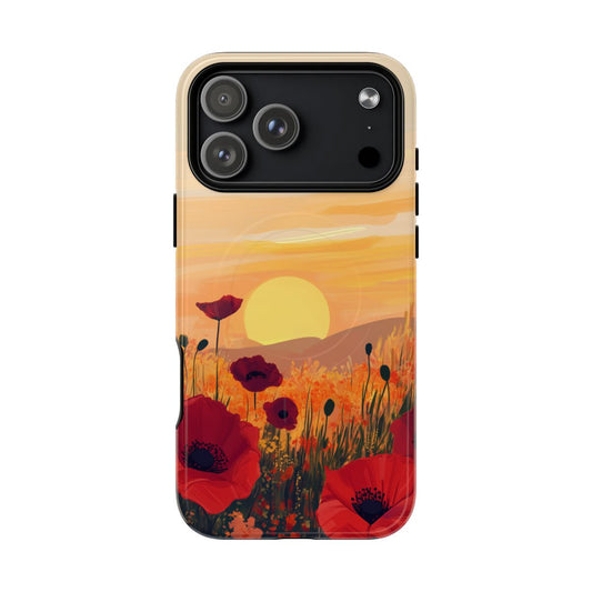 Phone case featuring a field of red poppies under a bright golden yellow sun at sunset.