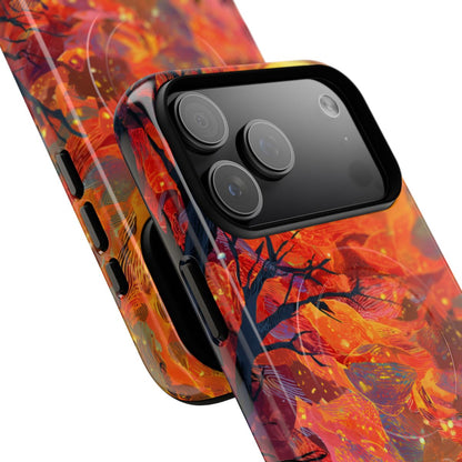 Artistic fall forest phone protector with a dark cat figure and brilliant, warm-toned abstract leaves.