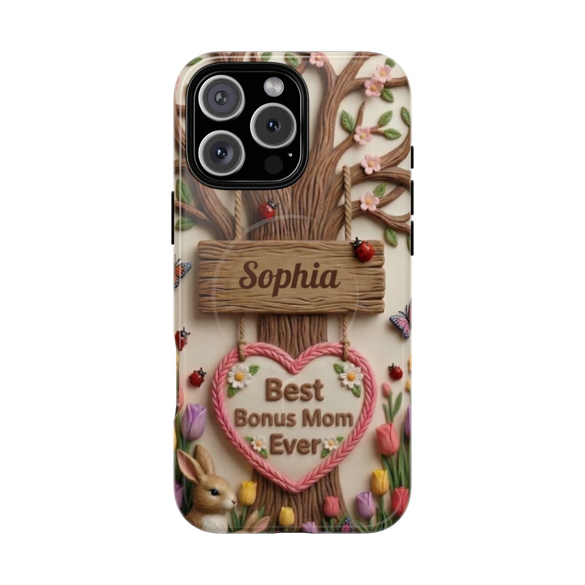 Personalized Bonus Mom Phone Case – Custom Name Clay Spring Garden Aesthetic