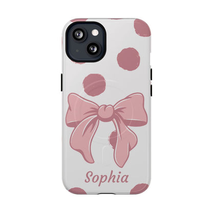 Personalized Pink Polka Dot Bow Phone Case – Custom Name Coquette Aesthetic