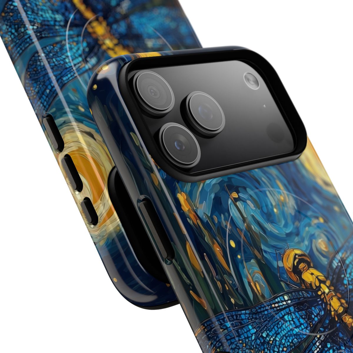 Art-inspired phone case design blending a classic impressionist sky with a detailed dragonfly illustration.