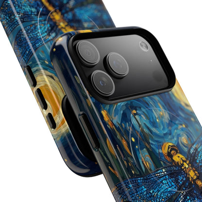 Art-inspired phone case design blending a classic impressionist sky with a detailed dragonfly illustration.
