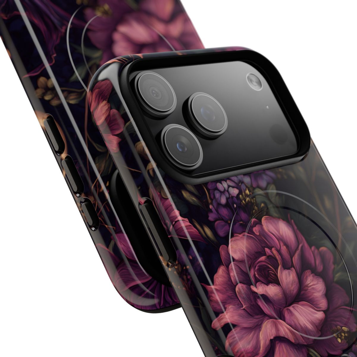 Artistic floral phone case showcasing vibrant pink and yellow flowers against a mysterious dark background.