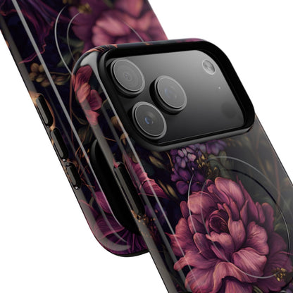 Artistic floral phone case showcasing vibrant pink and yellow flowers against a mysterious dark background.