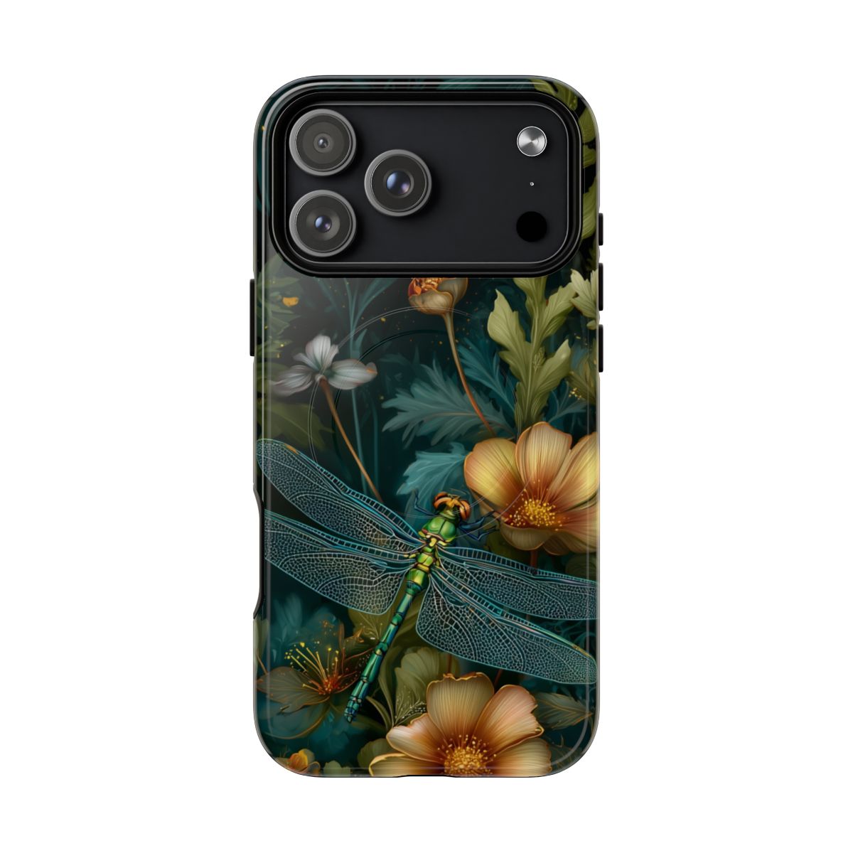 Phone case featuring a large, iridescent blue dragonfly resting among golden-yellow and white flowers.
