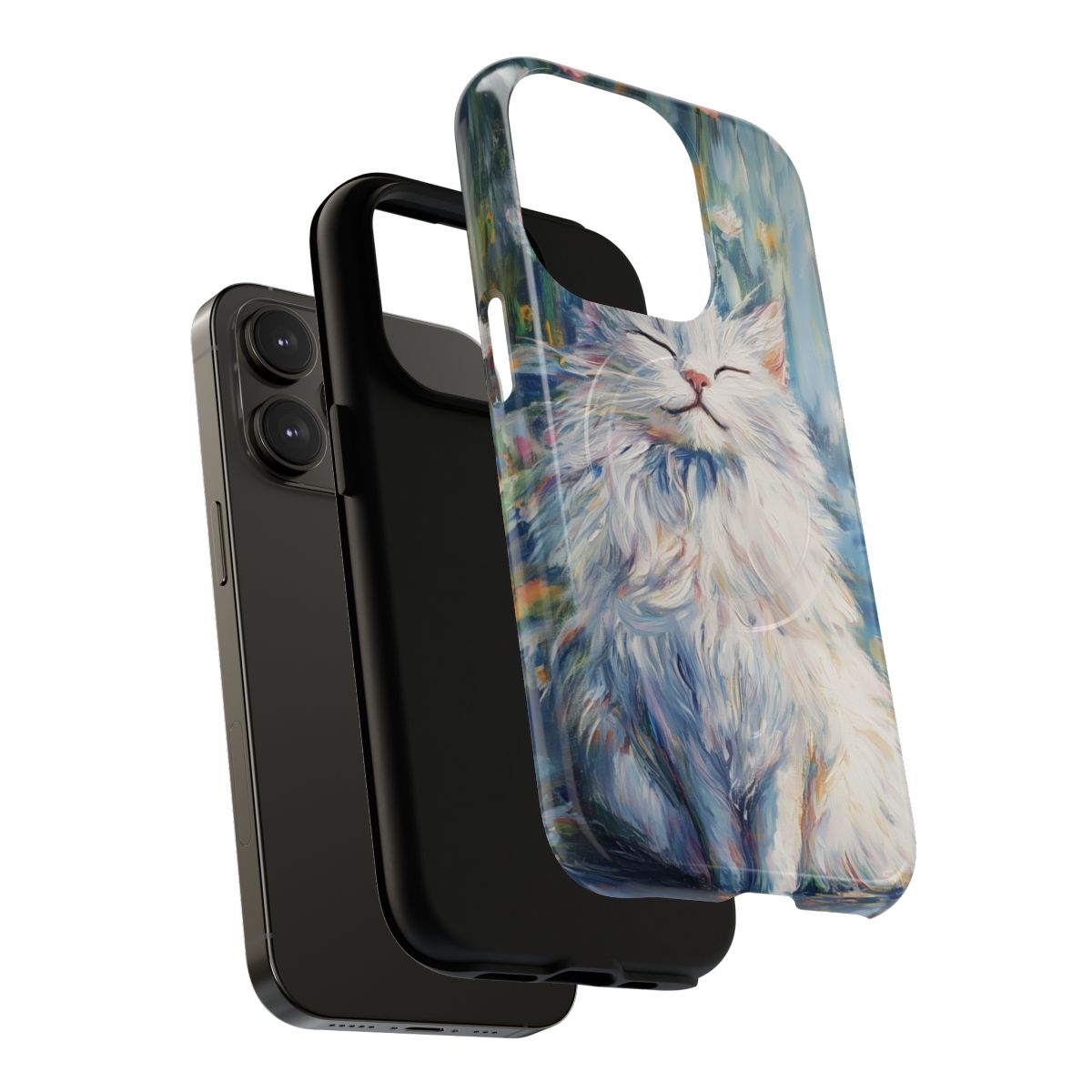 Back view of a protective phone case with a vibrant impressionist portrait of a long-haired white kitten.