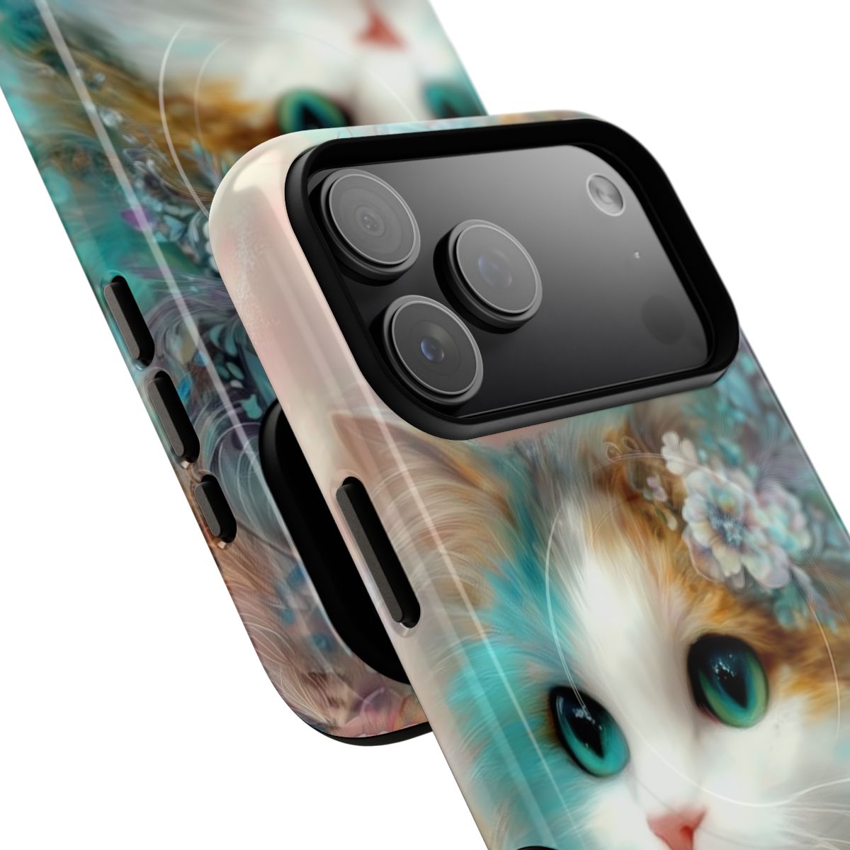Detailed cat-themed phone case with dreamlike floral patterns and vibrant turquoise eyes.