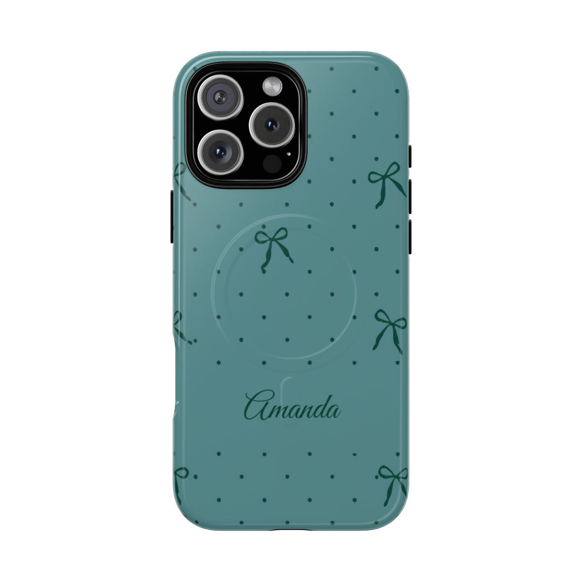 Personalized Teal Bow Phone Case – Custom Name Coquette Polka Dot Aesthetic