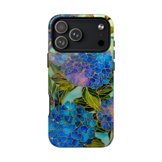 Blue Hydrangea Stained Glass Phone Case - Elegant Floral Mosaic Art