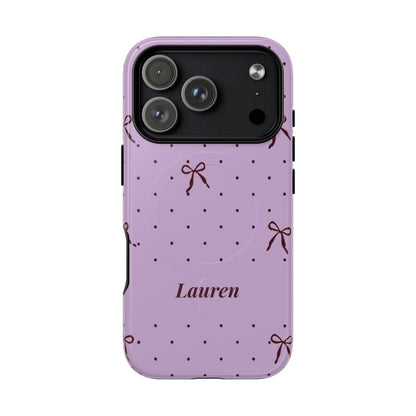 Personalized Lavender Bow Phone Case – Custom Name Polka Dot Coquette Aesthetic