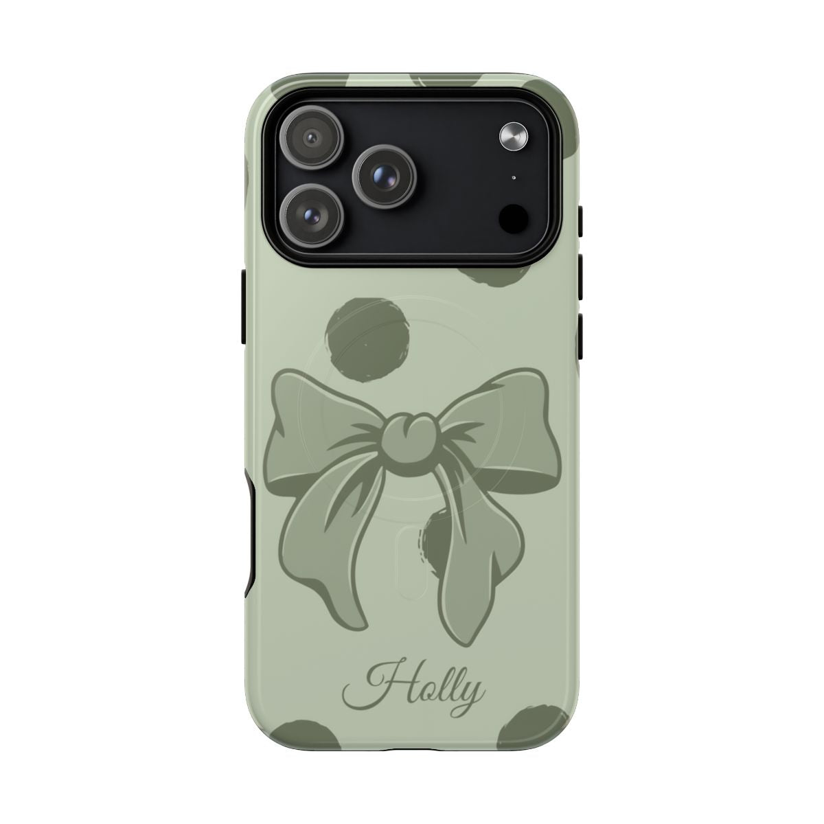 Personalized sage green polka dot bow phone case with custom name – coquette aesthetic gift for her