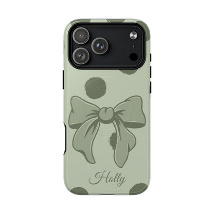 Personalized sage green polka dot bow phone case with custom name – coquette aesthetic gift for her