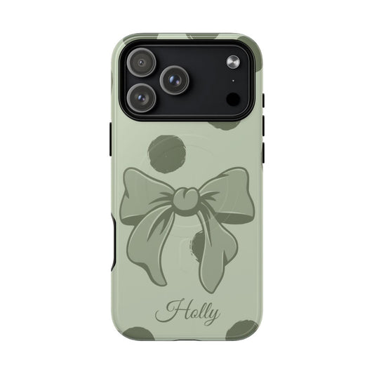Personalized sage green polka dot bow phone case with custom name – coquette aesthetic gift for her