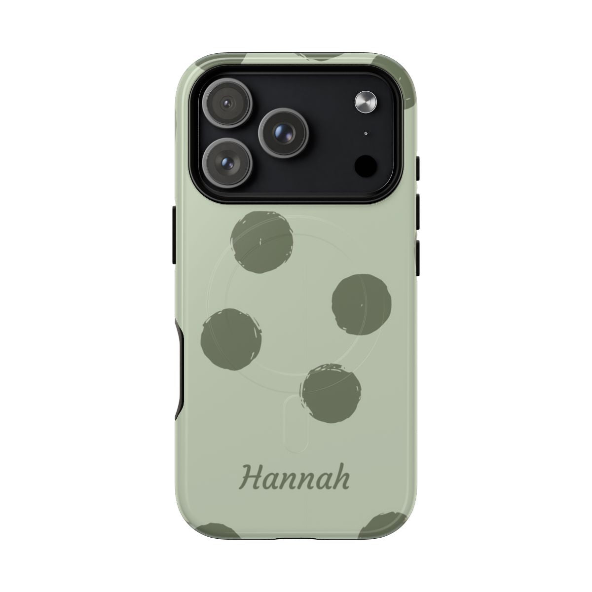 Sage green polka dot phone case with custom cursive name