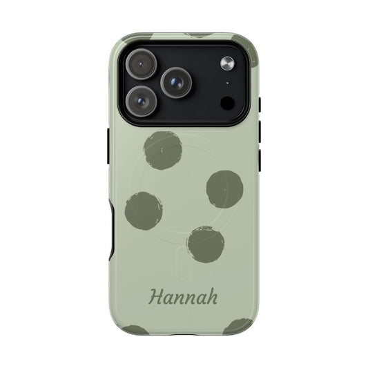 Sage green polka dot phone case with custom cursive name