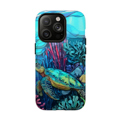 Stained Glass Turtle Phone Case – Coastal Blue Ocean Mosaic Aesthetic
