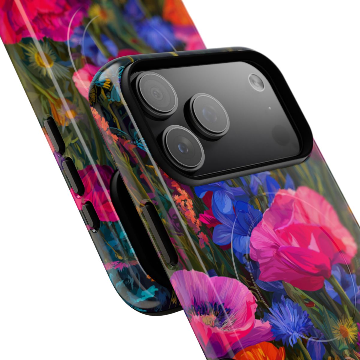 Colorful wildflower garden phone case. Artistic floral print featuring pink poppies, blue blossoms, and purple wildflowers on a slim-fit protective shell.