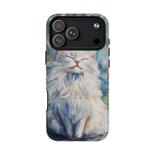 Phone case featuring an oil painting of a fluffy white cat with its eyes closed in a happy expression.