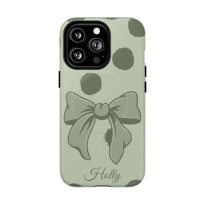 Personalized Sage Green Polka Dot Bow Phone Case – Custom Name Coquette Aesthetic