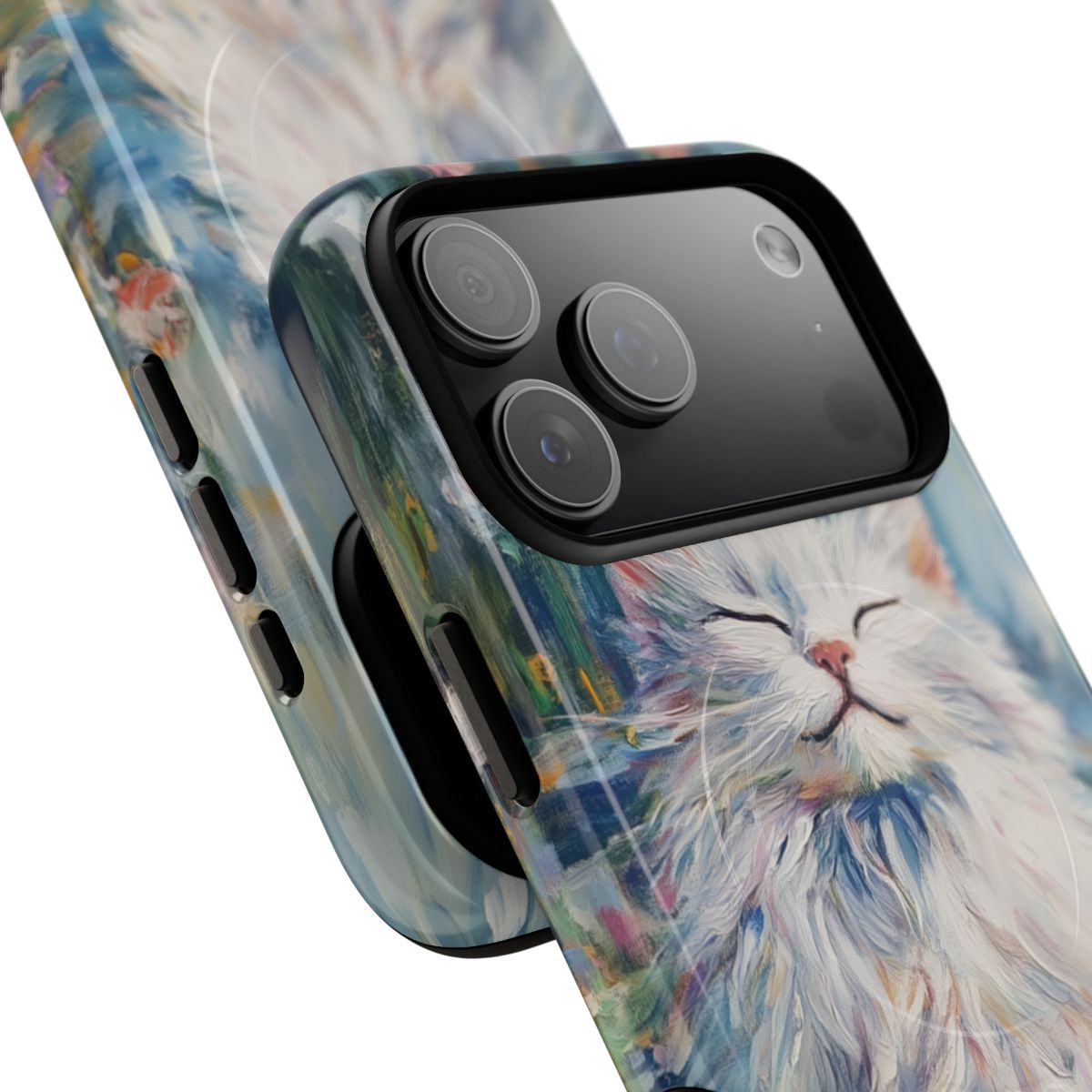Artistic pet-themed phone case showcasing a soft, textured painting of a peaceful white cat on a colorful background.