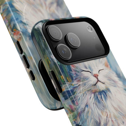 Artistic pet-themed phone case showcasing a soft, textured painting of a peaceful white cat on a colorful background.
