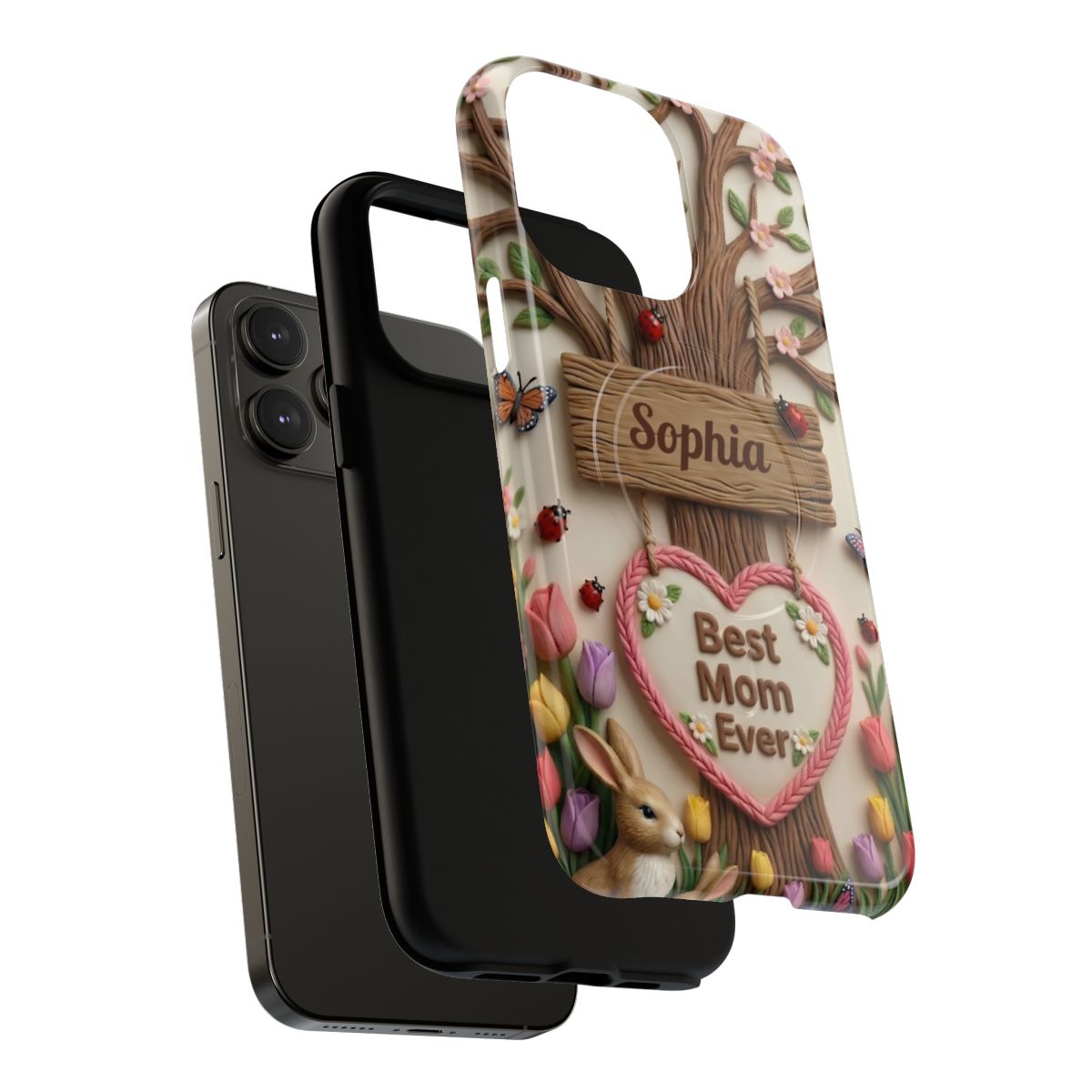 Aesthetic 3D clay-style garden phone case for Mom with a personalized wooden-style nameplate and spring meadow art.