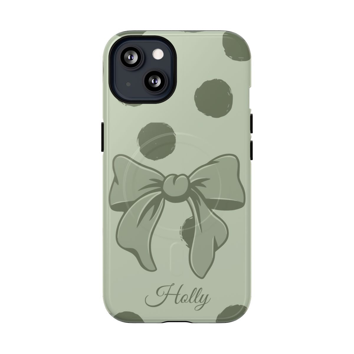 Personalized Sage Green Polka Dot Bow Phone Case – Custom Name Coquette Aesthetic