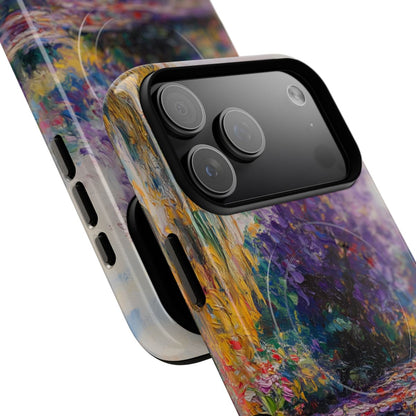 Art-inspired phone case design with a colorful botanical landscape and shimmering water reflections.