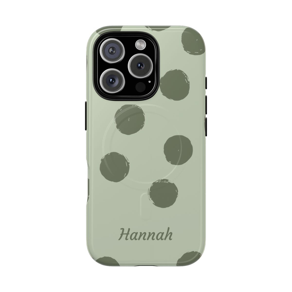 Personalized Sage Green Polka Dot Phone Case – Custom Name Matcha Aesthetic