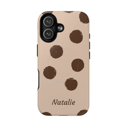 Personalized Brown Polka Dot Phone Case – Custom Name Neutral Boho Aesthetic
