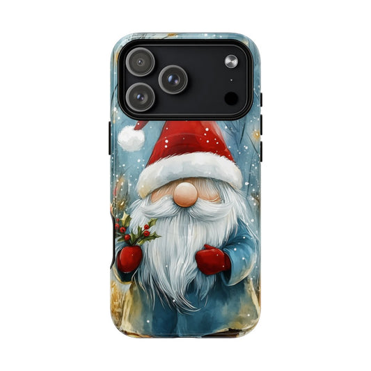 Whimsical Christmas gnome phone case featuring a large white beard, red hat, and holly sprig.