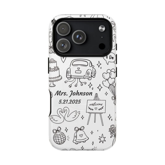 Personalized wedding phone case with black and white bridal doodle illustrations customized with name 
