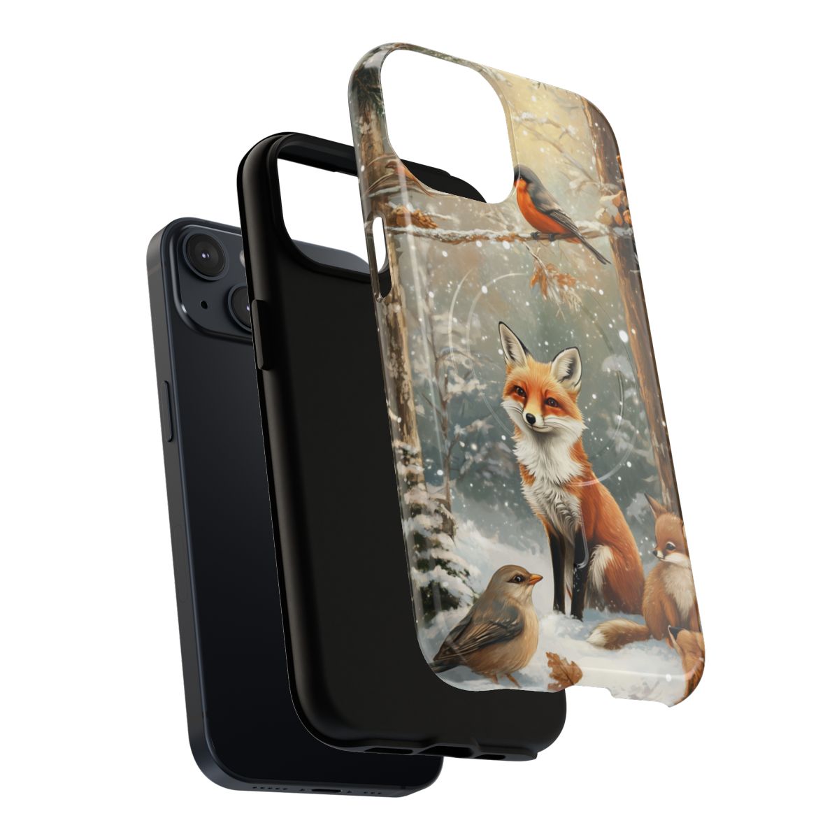 Cozy forestcore phone case design with detailed wildlife illustrations and a peaceful winter background.