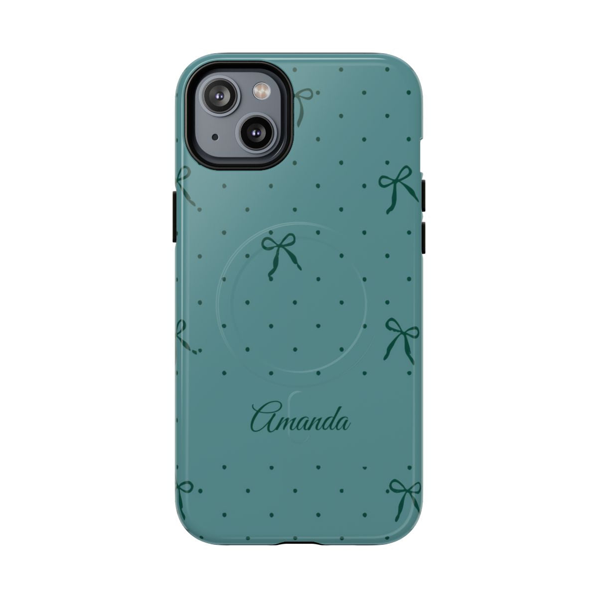 Personalized Teal Bow Phone Case – Custom Name Coquette Polka Dot Aesthetic