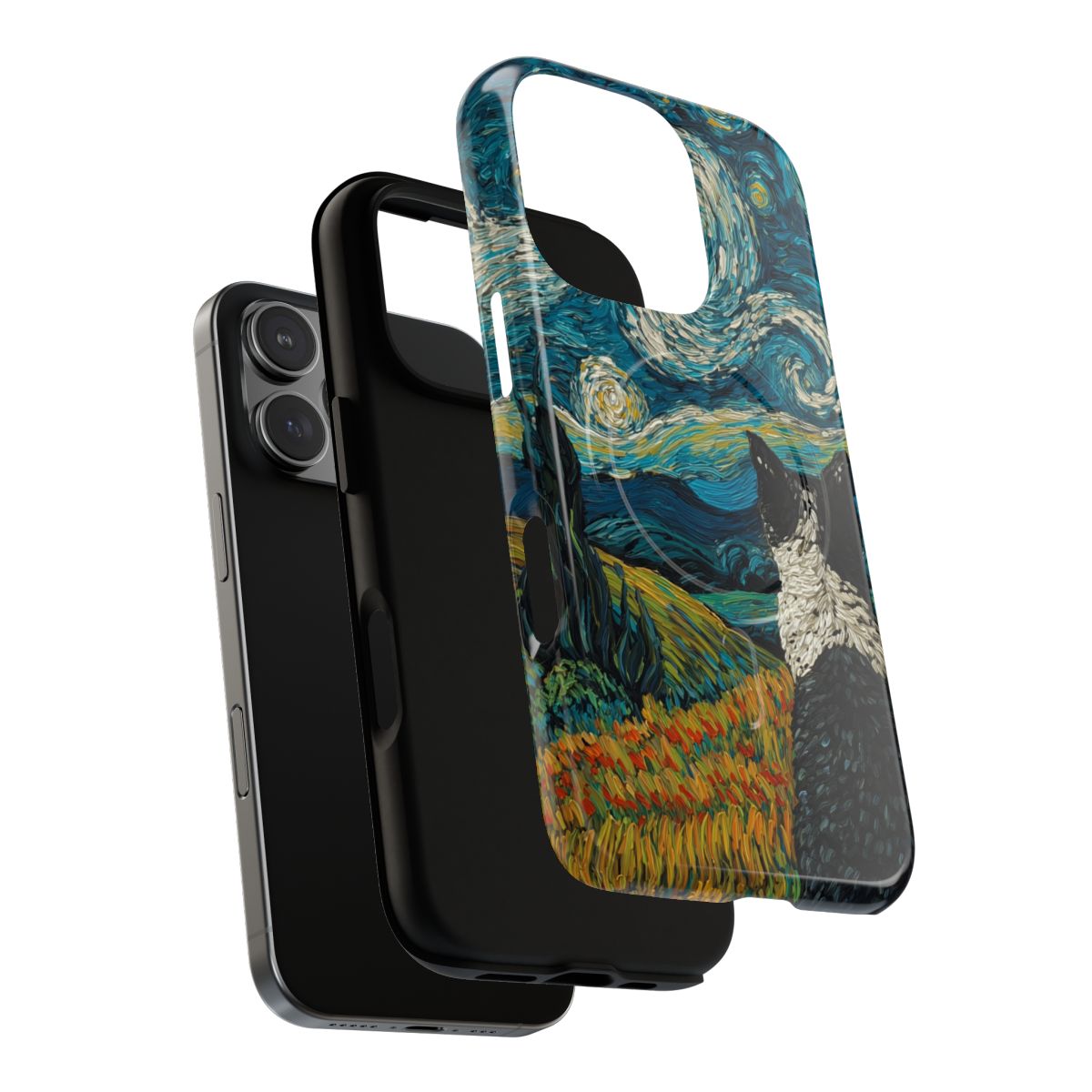 Artistic fine art parody phone case with thick oil paint textures of a cat in a starry mountain landscape.