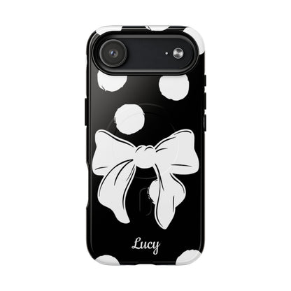 Personalized Black Polka Dot Bow Phone Case – Custom Name Coquette Retro Aesthetic