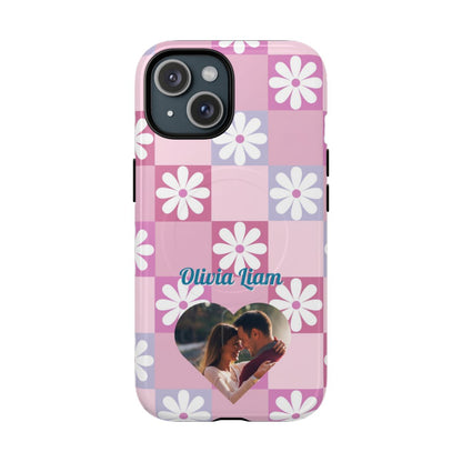 Personalized Pink Floral Checkered Tough Case
