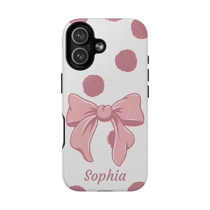 Personalized Pink Polka Dot Bow Phone Case – Custom Name Coquette Aesthetic