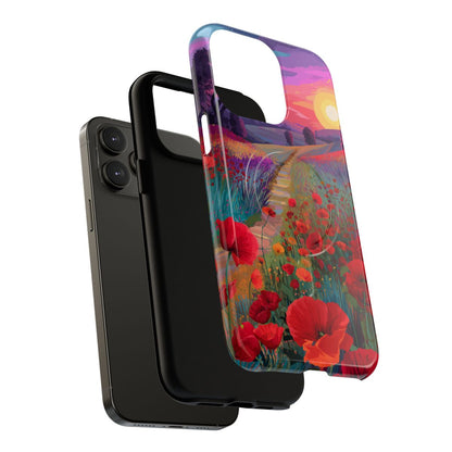 Dreamy nature phone case design with bright red poppies, lavender fields, and a scenic garden path.