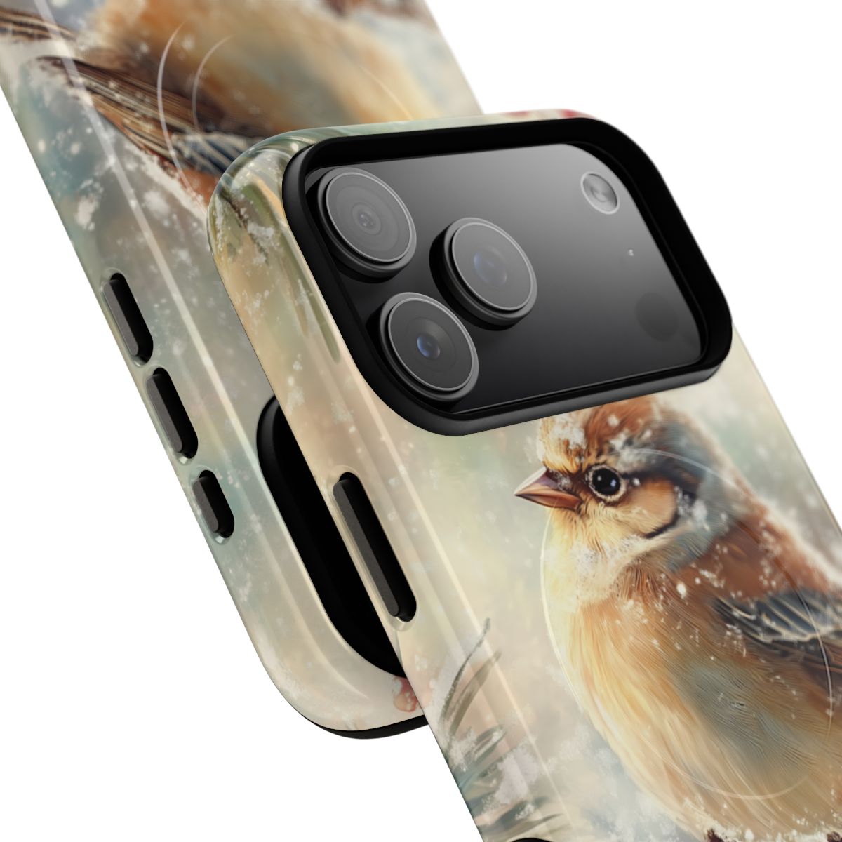 Nature-inspired phone case design with vibrant red berries and a realistic little bird under falling snow.