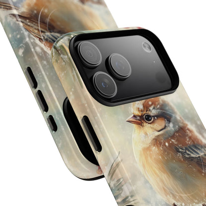 Nature-inspired phone case design with vibrant red berries and a realistic little bird under falling snow.