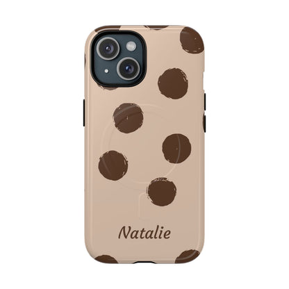 Personalized Brown Polka Dot Phone Case – Custom Name Neutral Boho Aesthetic