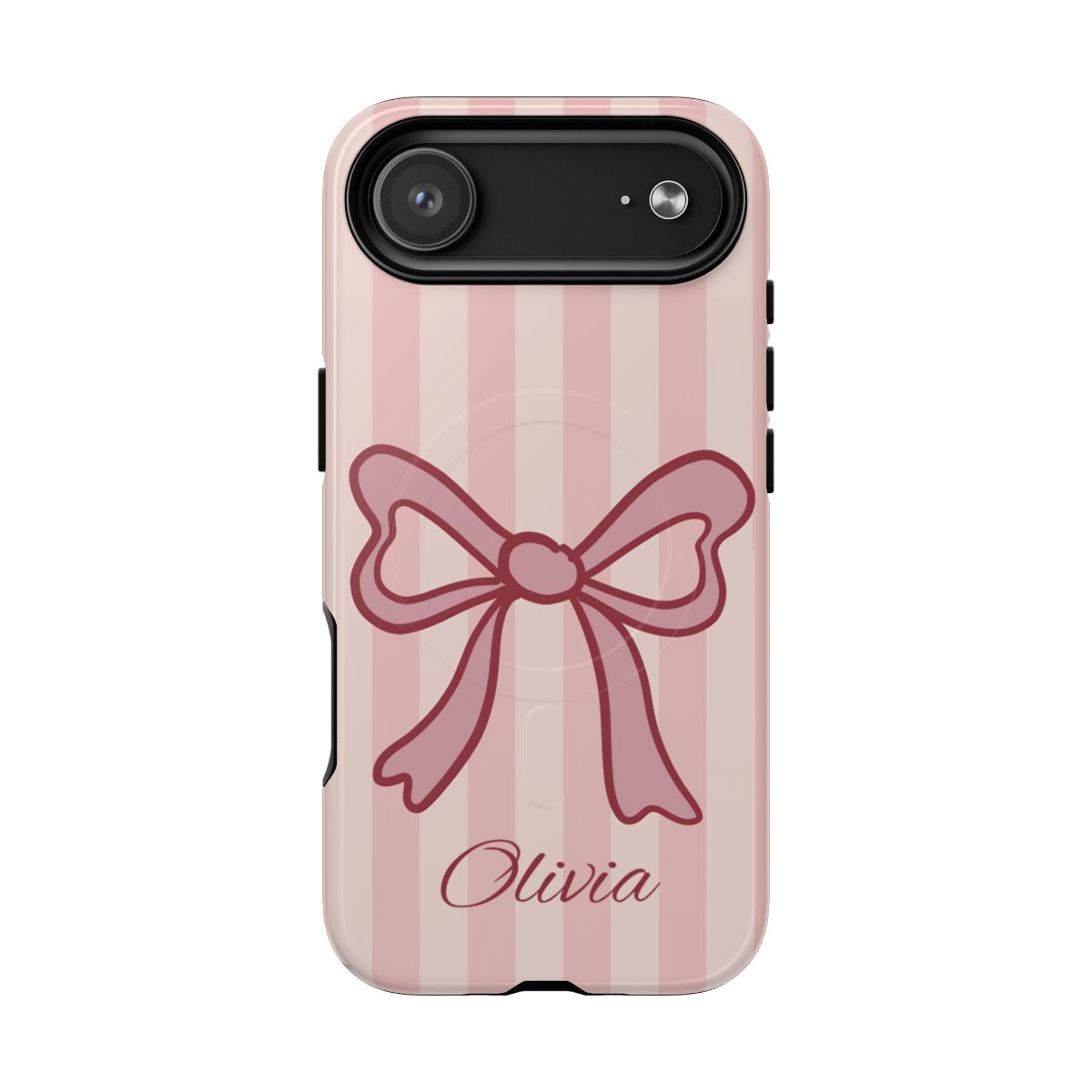 Personalized Pink Bow Phone Case – Soft Pastel Striped Coquette Aesthetic