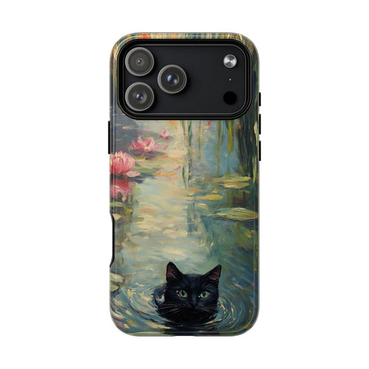 Phone case featuring an artistic painting of a black cat peering out from a serene water lily pond.